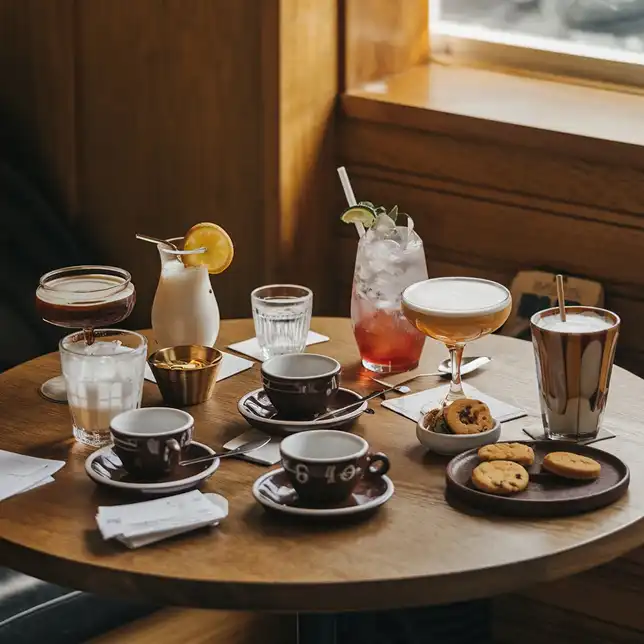 Bebidas frías, cafés y galletas servidos en mesa redonda durante una celebración con invitados