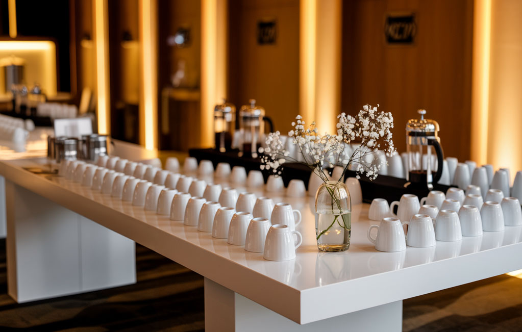 Estación de café premium en evento corporativo