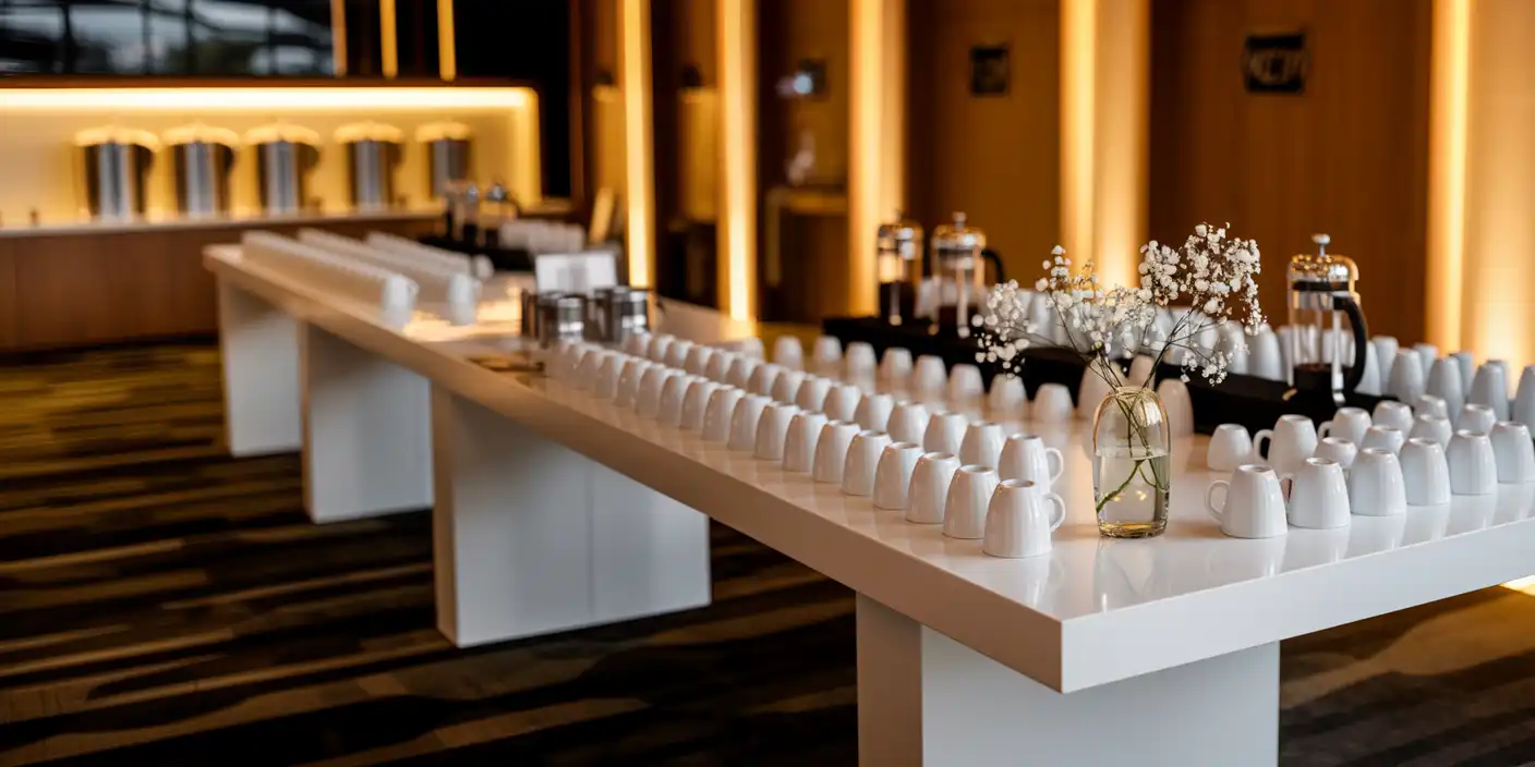 Estación de café para eventos corporativos con espresso y bebidas frías