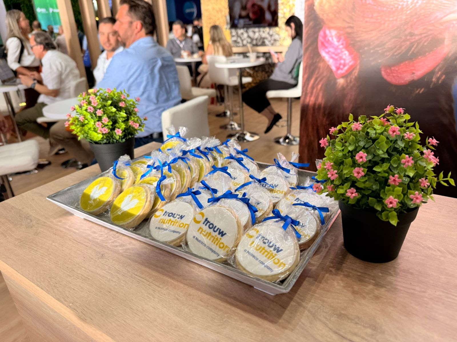 Galletas artesanales con la marca del cliente, empacadas con moño, junto a una estación de café en un stand de feria