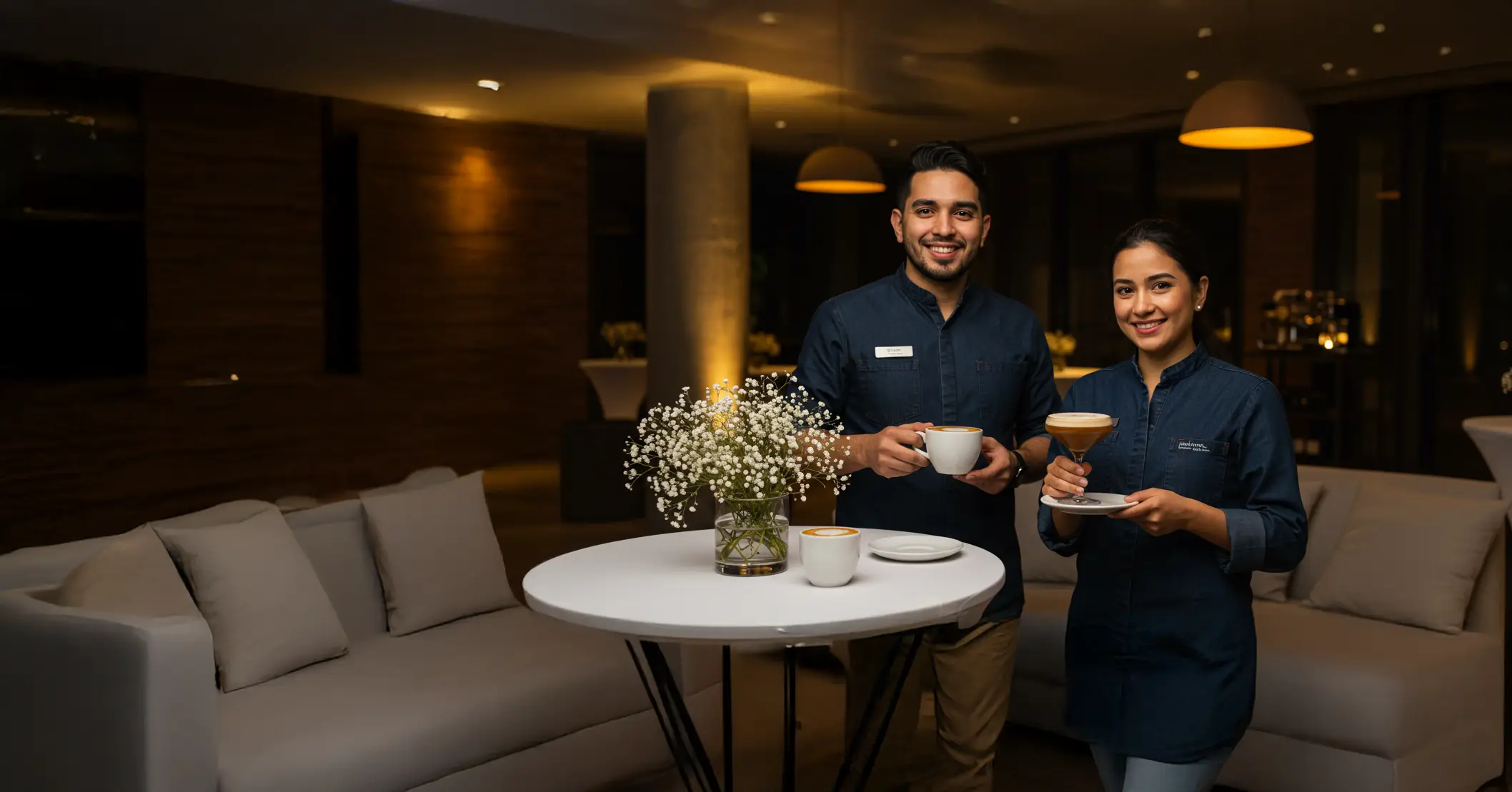Baristas de Experiencia VINTO con tazas de café en un salón corporativo preparado para un evento de inicio de año