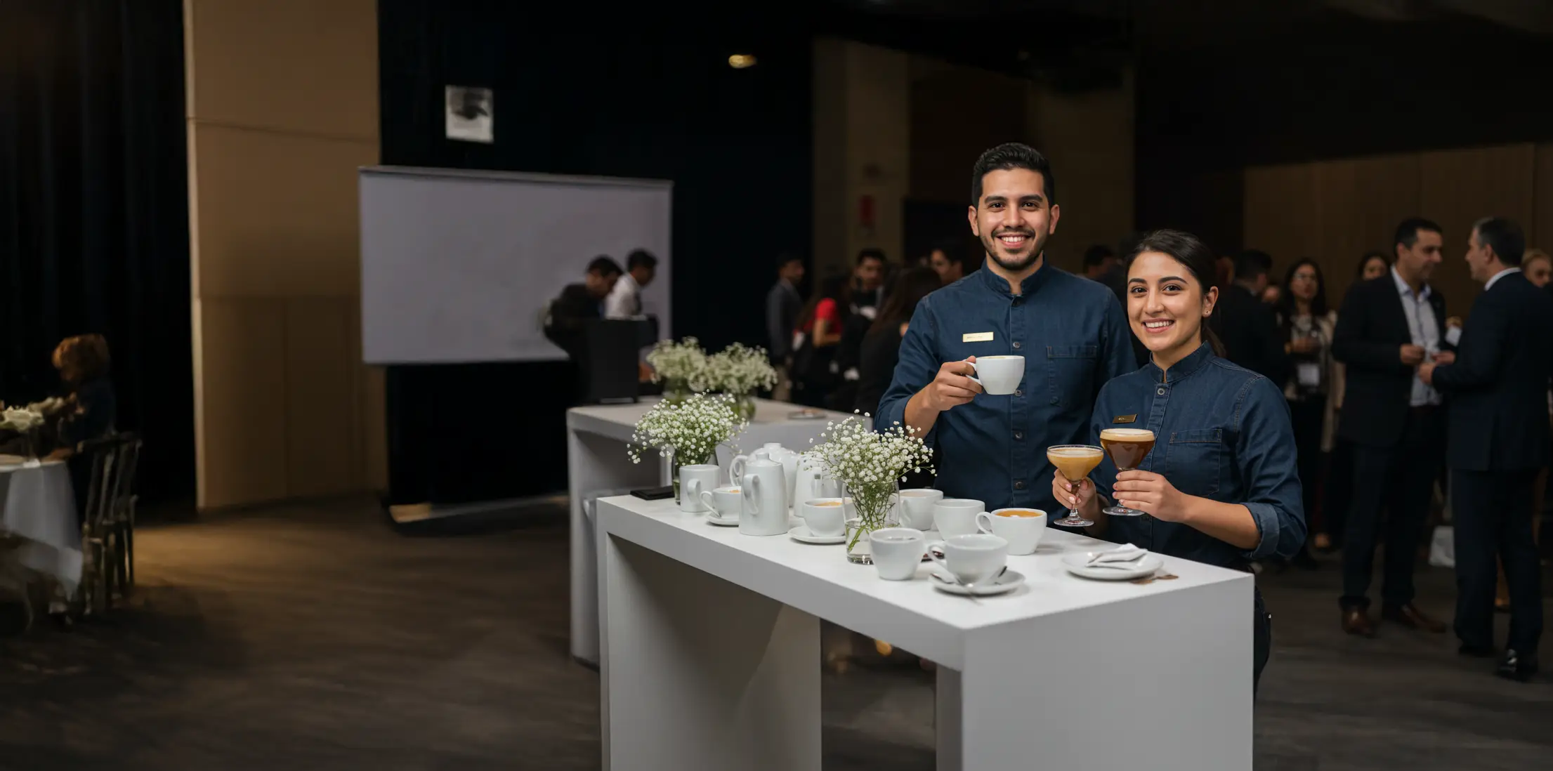 Baristas de Experiencia VINTO atendiendo una estación de café en un evento corporativo nocturno