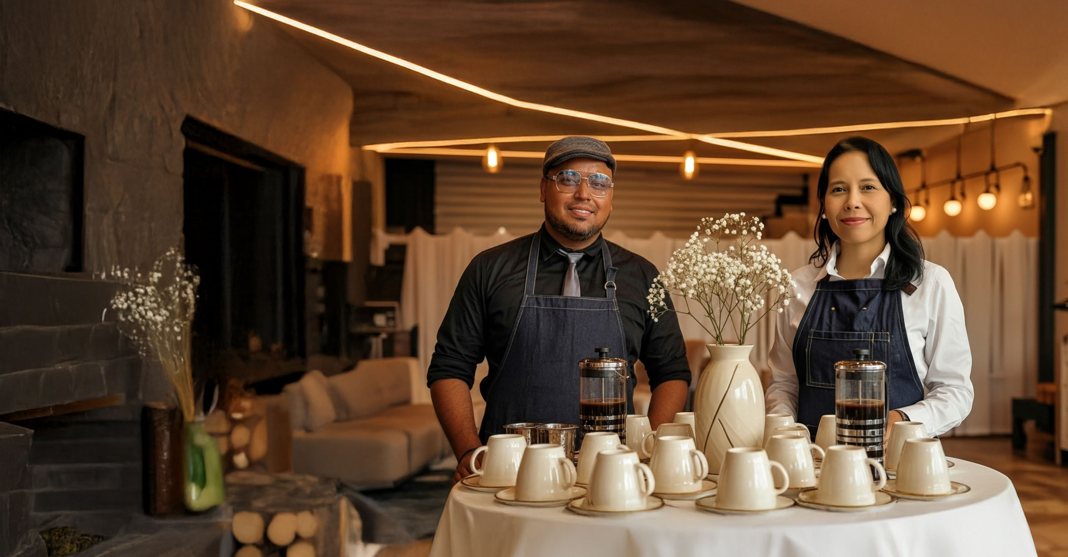 Baristas de Experiencia VINTO junto a una estación de café con prensas francesas y tazas en un salón iluminado para un evento nocturno